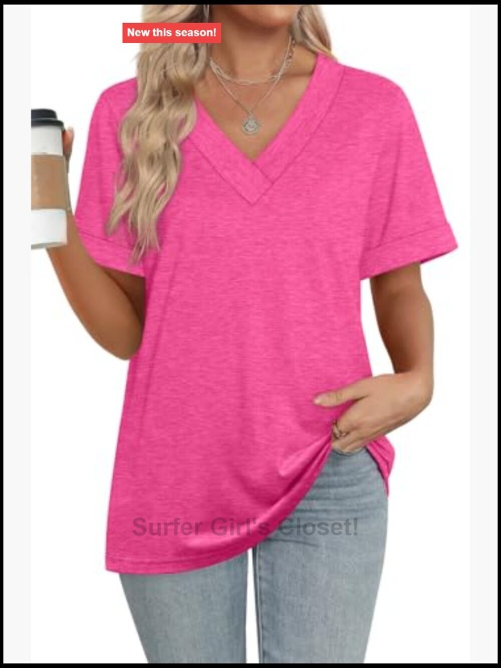 Women's Short Sleeve V-Neck T-Shirt Loose Fit Summer Basic - Picture 2 of 7